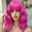 LOSMOEER Rose mixed Purple Wig with Bangs Short Wavy Wigs for Women Shoulder Length Curly Bob Wigs Heat Resistant Synthetic Wigs for Halloween Cosplay Daily Party Use (14 Inch)