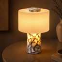 WMK Marble Lamp Cordless, Rechargeable Marble Touch Lamp with 3 Color, Pleated Fabric Lampshade Stepless Dimming, Luxury Natural Calacatta Viola Stone Table Lamp for Bedroom, Living Room (Dual Light)