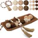 Teenyyou 17 Pcs Wooden Centerpiece Table Decorations Wood Dough Bowl Wicker Rattan Balls Beads String with Tassel Natural Decorative Tray Rustic Bowl Filler for Dining Room Kitchen (Brown)