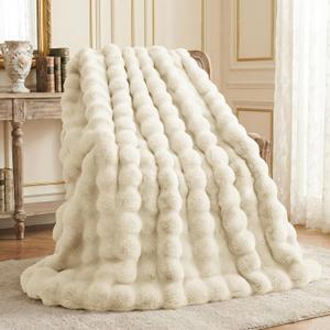 L'AGRATY Faux Rabbit Fur Blanket: 60" x 80" Twin Luxury Soft Fluffy Thick Fur Throw Blanket for Couch Bed Sofa - Cozy Plush Bubble Blankets for Winter: Flannel Fleece Decorative Blanket(Almond White)
