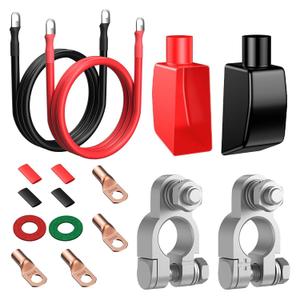 Battery Terminal Connectors, Heavy Duty Positive Negative Auto Car Marine, with 4 AWG Cable, 4 Pcs 2 Gauge Copper Lugs, 4 Heat Shrink Tubes, 2 Terminal Covers