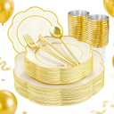 ejonirinjonir EI 180pcs Beige Plastic Plates with Gold Plastic Silverware,Heavy-Duty Disposable Plates for Party,White Dinnerware Set for 30 Guest Wedding,Afternoon Tea,Spring,Valentine's Day,Easter