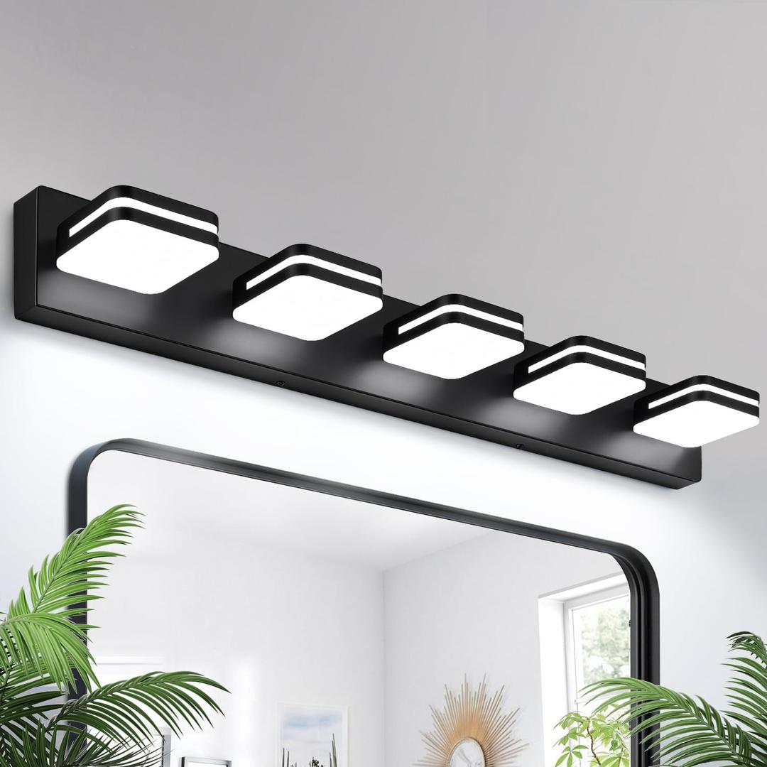 360 Rotate LED Bathroom Vanity Light Fixtures, 2100LM Acrylic Matte Black Vanity Lights for Bathroom, Modern Wall Lighting Fixtures Over Mirror Kitchen Living Room Hallway (Natural White Light 5000K), 5-Light, 34-Inch, 5000K