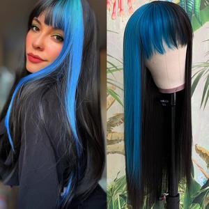 QD-Tizer Blue Highlights Black Hair Synthetic Wigs with Bangs Glueless Heat Resistant Synthetic no lace wigs for Black Women