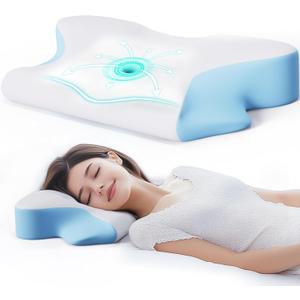 SKYEMAC Cervical Neck Pillow, Neck and Shoulder Support Pain Relief Pillow, Memory Foam Contoured Height Adjustable Pillow, Ergonomic Orthopedic Pillow for Bed Side Back Stomach Sleeper,Blue