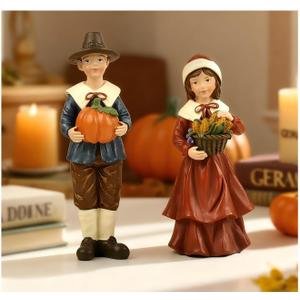 2 PCS Thanksgiving Pilgrim Collectible Pumpkin Figurines - Resin Couple Decorations for Fall Harvest Home, Indoor Thanksgiving Gifts, Perfect for Fall Decor, Tabletop or Outdoor Display (4.57"H)