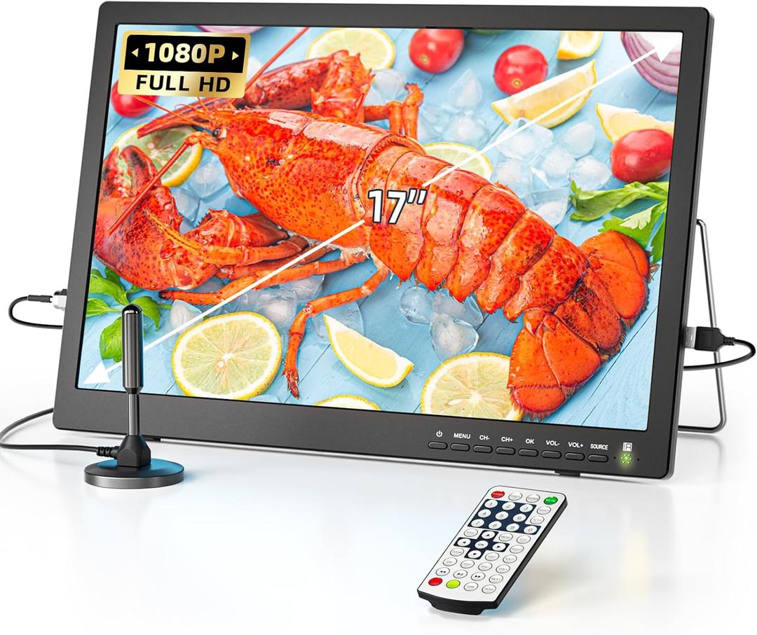 NORTHING 17" 1080P Portable TV, 7000mAH Built-in Powered TV with Antenna/USB/HDMI/AV, 12V Operated Portable TV for Camping Home Kitchen Car Power Outage,Sleep Timer