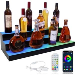 LED Lighted Liquor Bottle Display Shelf, 3 Tiers 30 Inch Acrylic Bar Bottle Display Shelf with RF Remote & App Control for Home Bar Party Whiskey Wine Coffee Syrup Water Bottles Display