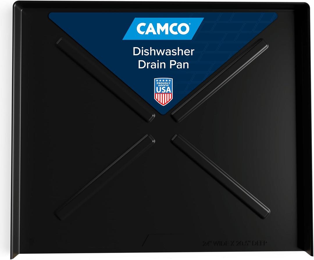 Camco Dishwasher Drain Pan | Protects Floors, Cabinets, Walls & Features Front Opening for Easy Leak Detection | Crafted of Heavy-Duty Polymer | Black, 23-5/8 x 20-1/2 (20602)