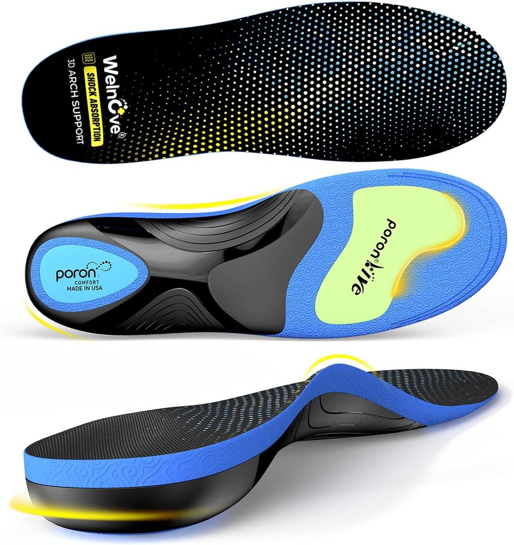 Work Boot Insoles Plantar Fasciitis - Welnove Heavy Duty Inserts for Pain Fatigue Relief, Standing All Day - High Arch Support Shoe Insoles Orthotic for Flat Feet, Achilles Tendonitis, Men Women (L) (L: W 12-13.5 / M 11-12.5, Blue)