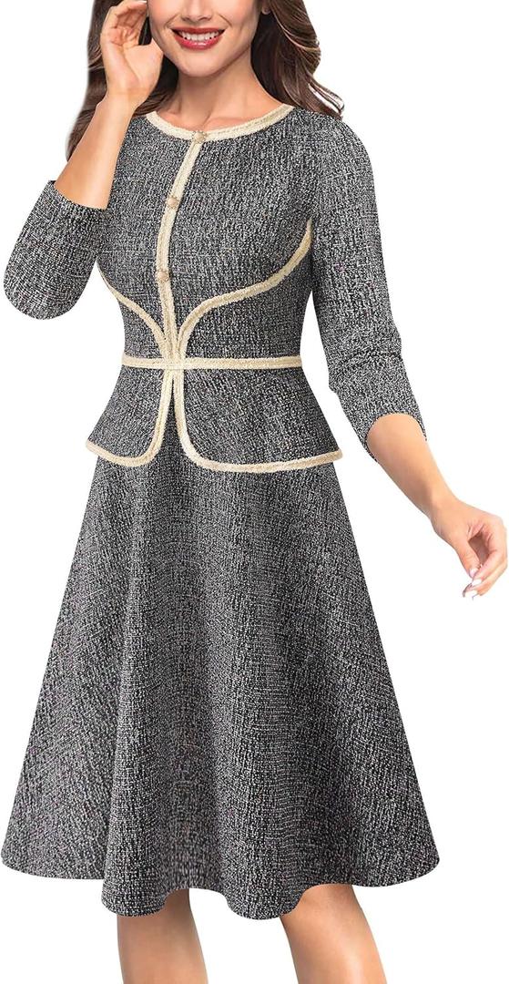 VFSHOW Womens 2024 Fall Work Business Office Dresses Tweed Crew Neck Buttons Slimming Peplum Fit and Flare A Line Dress (S)
