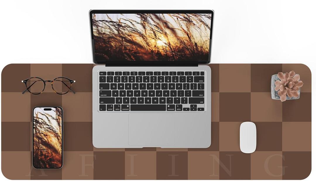 Non-Slip Checkered Desk Mat, Waterproof PU Leather Protector, Large Blotter, Easy Clean Laptop Writing Mat for Work/Home/Decor (Brown 31.5" x 12")
