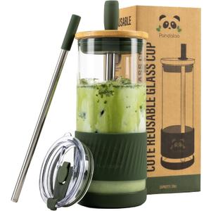 Pandaloo Glass Cups With Lids and Straws -20 Fl Oz- Perfect Size Iced Coffee Cup - Smoothie Cup With Bamboo Lid and On the go Lid - Glass Tumbler With Straw (1 Count (Pack of 1), Mediterranean Olive)
