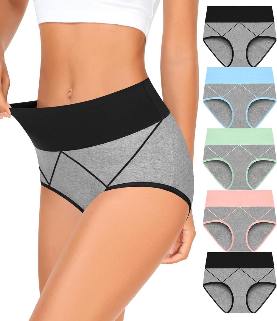 MISSWHO Womens High Waisted Cotton Underwear Full Coverage Soft Double-Layer Waisted band Panties (Gray, Large)