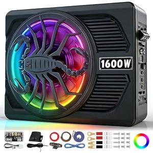 TZGBASS 1600W Slim Under seat Car Subwoofer and Amp Package, Powered Subwoofer with Built-in Amp, Subsonic Deep Bass, RGB Beat Light, Low Pass/Gain/Bass Boost Control, for Truck, SUV, Jeep, Car Audio