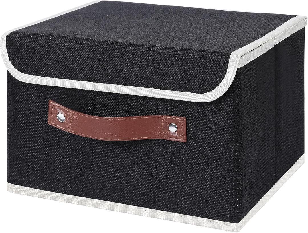 3 Pack Storage Bin with Lid Storage Boxes with PU Leather Handles PP Plastic Board Decorative Foldable Lidded Cotton Linen Fabric Home Cubes Baskets Closet Organizer Container - Black, Small Size