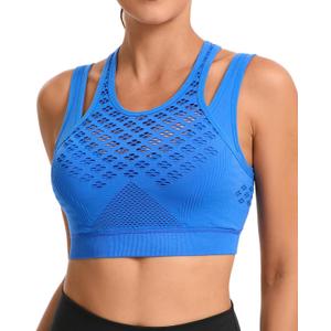 RUNNING GIRL Sports Bras for Women High Support,Seamless Ribbed Longline High Neck Sports Bra Racerback Padded Crop Top Yoga (Blue, M)