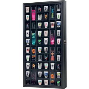 Shot Glass Display Cabinet Solid Wood - Large Display Case for Collectibles | Man Cave Accessories | UV Protection Acrylic Door | Wall Mounted Black Shadow Box | 52 Divided Slots | 32" x 17"