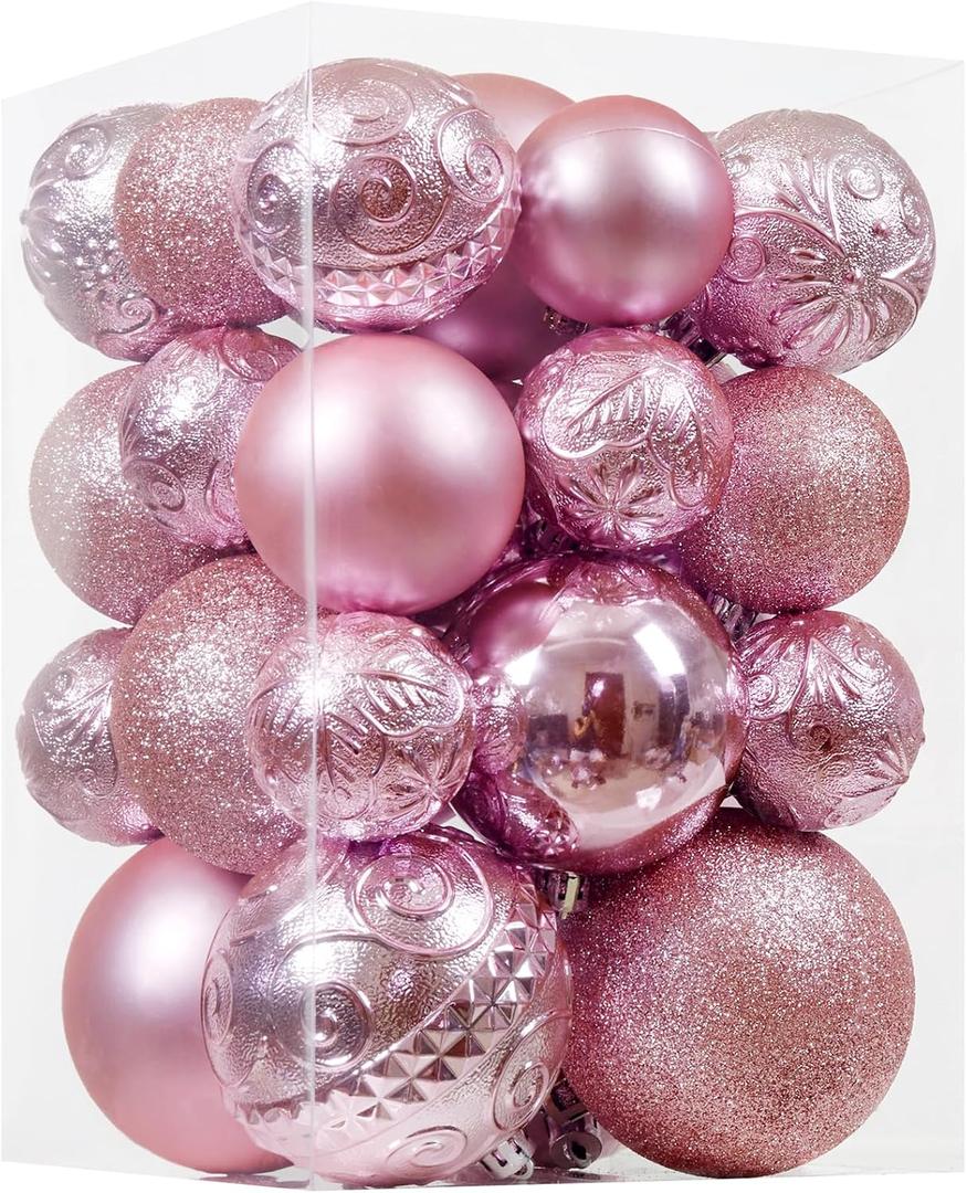 Christmas Ball Ornaments - 30pcs Shatterproof Christmas Ornaments Set Plastic Hanging Christmas Decorations for Xmas Tree Holiday Party Decor, 6 Styles in 4 Sizes (Pink)