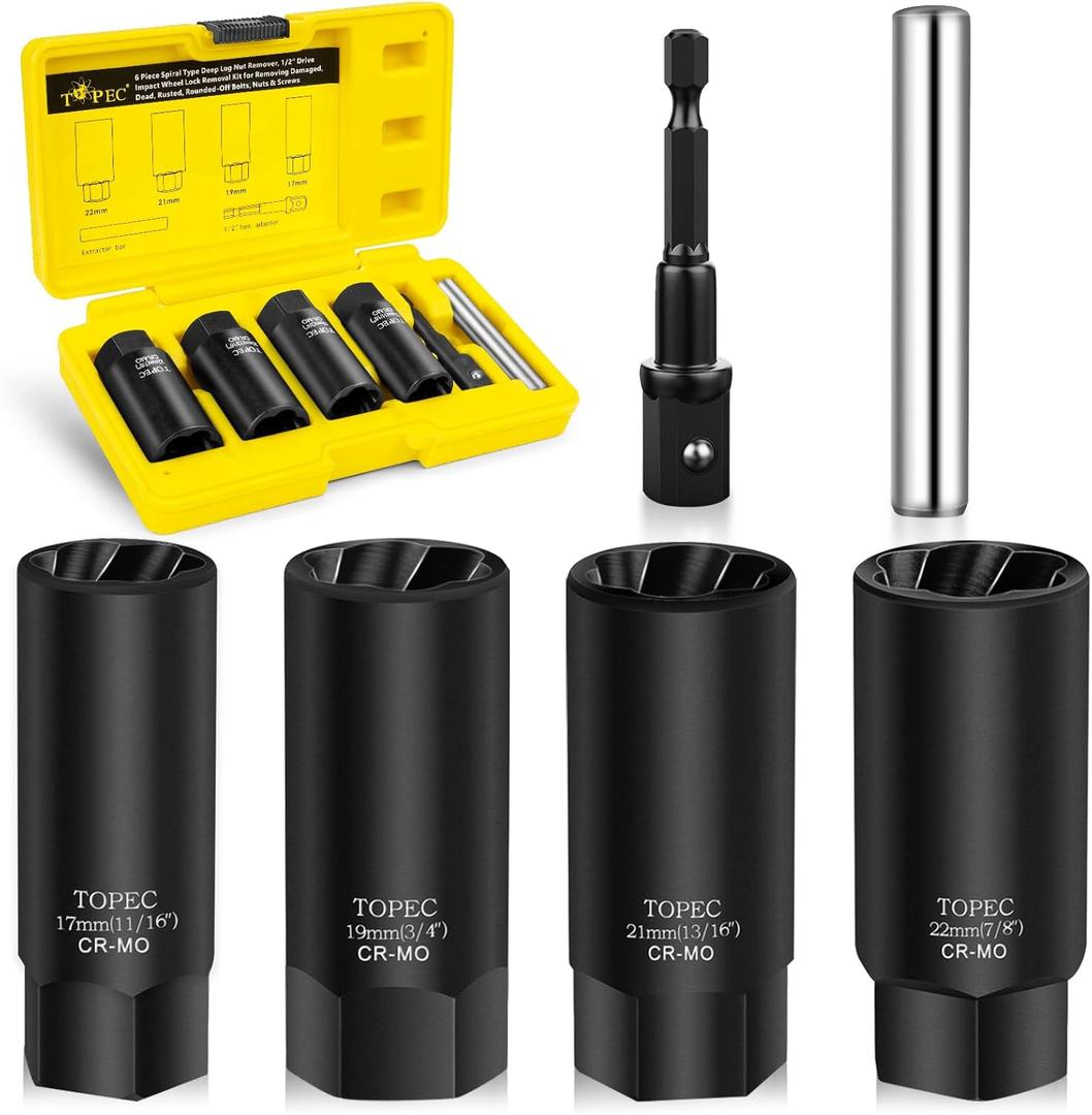 Topec 6PCS Deep Lug Nut Removal Tool, 1/2" Drive Lug Nut Extractor Set, 17,19,21,22MM Wheel Lock Removal Kit, Spark Plug Extractor Socket Set for Stripped, Rounded, Damaged Bolts & Studs