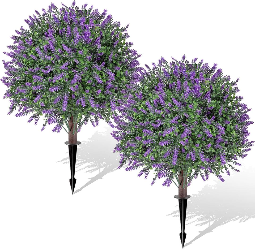 QCQHDU Artificial Lavender Topiary Ball Bush for Outdoor,26.3" Fake Trees Evergreen Plants with Ground Spike,UV Resistant Faux Shrubs for Indoor,Garden,Yard,Front Porch,Patio,Office Decor,2 Pack