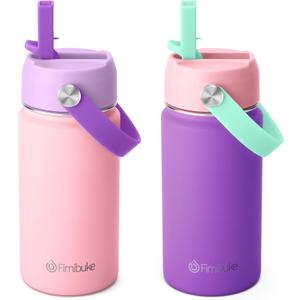 Fimibuke Kids Insulated Water Bottle - 14oz BPA-FREE 18/8 Stainless Steel Travel Tumbler Leak Proof Double Wall Vacuum Kids Cup with Straw Metal Water Bottle for School Boys Girls2 Pack, Macaron