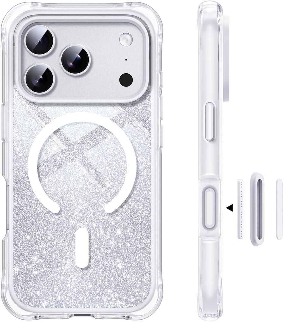for iPhone 17 Pro Max Case, Compatible with MagSafe, Camera Control, Shockproof Military-Grade Protection, Button Built-in Air Magnetic Phone Cover with DIY Glitter Card, Clear White