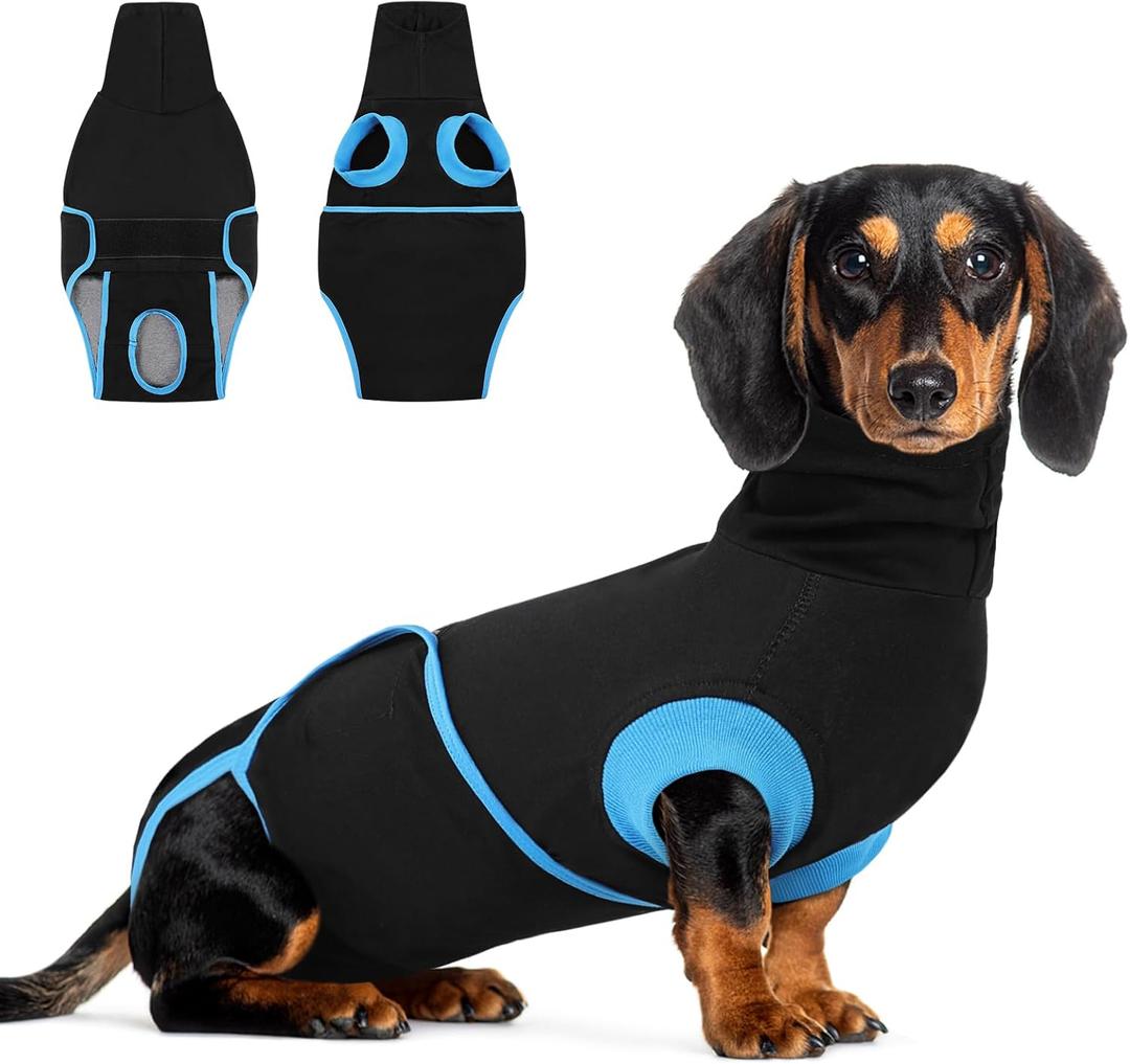 Queenmore Recovery Suit for Dogs After Surgery, Breathable Pet Recovery Suit Dog Abdominal Wounds Bandages,Dog Anxiety Calming Vest with Ear Muffs, Black, Medium