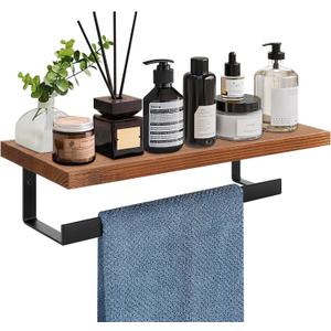 Hand Towel Holder/Towel Ring with Wooden Shelf, Hand Towel Rack, Hand Towel Hanger for Bathroom, Bath Accessories Wall Mounted (Matte Black, 12 Inch-Metal)