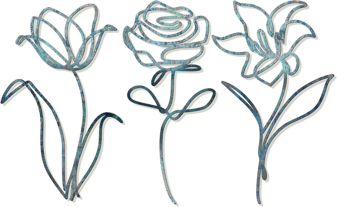 Oubasa Metal Flowers Wall Art Set of 3, Farmhouse Floral Home Decoration, Modern Line Art Flower Wall Decor for Living Room Bedroom Bathroom, Minimalist Botanical Wall Sculpture Lily, Tulip, Rose