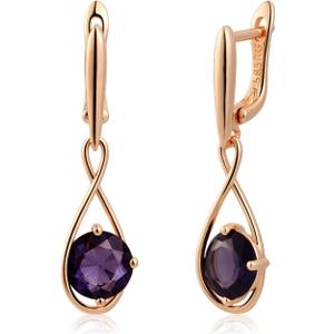 14k Rose Gold Plated Dark Purple Round Rhinestones Teardrop Earrings Dangle Hypoallergenic Stone Earrings for Women