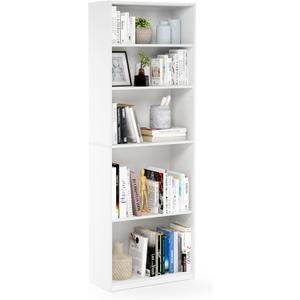 Furinno Jaya Book Shelf, 5-Tier Bookshelf, Bookcase with Adjustable Shelves, 9.5 x 24.5 x 71.2, for Organization and Storage, for Living Room, Bedroom, Home Office, White
