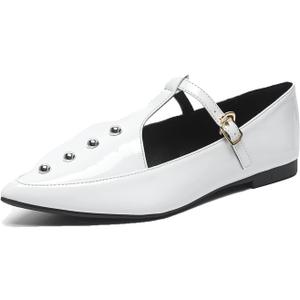 Women's Pointed Toe Rivet T-strap Flats with Adjustable Buckle Fashionable Patent Leather Comfortable Non-slip Low Chunky Heel Gladiator Flats for Party Dance Daily Dating (8)