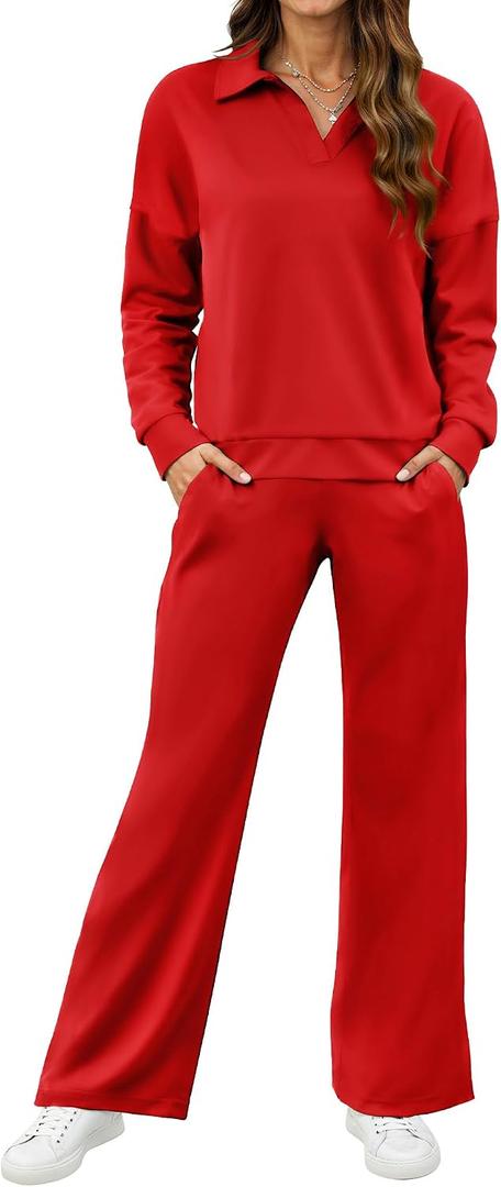 SHESHOW Lounge Sets for Women V-Neck Tracksuit 2-Stripes Wide Leg Pants 2 Piece Outfit Women Sweatsuits with Pockets, S