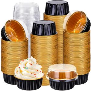 Gejoy 400 Pcs Aluminum Foil Baking Cups with Lids 5 oz Disposable Ramekins Mini Cake Pans Creme Brulee Cupcake Liners Muffin Tins Flan Mold Dessert Container for Wedding(Black, Gold,Classic)