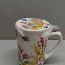 GBhome Tea Mug with Infuser and Lid, 18 Ounce Large Ceramic Loose Leaf Cup, Microwave, Dishwasher Safe, Perfect for Tea Lovers (Blue Petal)