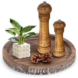Round Decorative Wooden Serving Trays for Ottoman Coffee Table Tray Farmhouse Kitchen Home Decor Accents Circle Circular Wood Decorations Trays Rustic Dining Table Centerpiece Candle Holder Tray (12", Washedwhite)