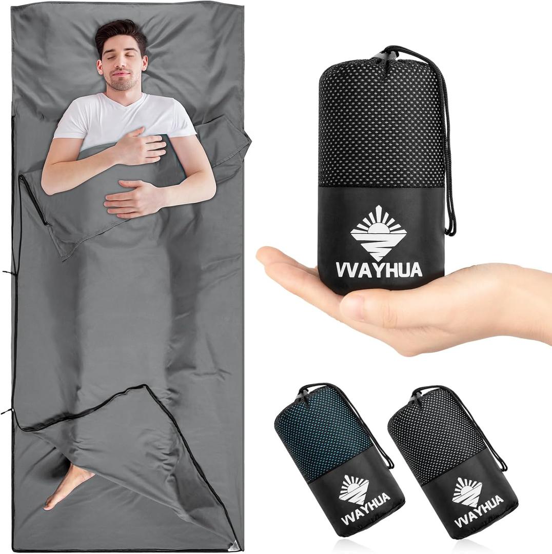 Sleeping Bag Liner, 9.5oz Ultralight Satin Travel Sheets for Hotel with Two Way Zippers, Silky Camping Sheets & Adult Sleep Sack for Backpacking Hiking Business Trips (Grey)