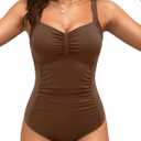 Tempt Me Women Ruched Slimming One Piece Swimsuits Tummy Control Vintage Bathing Suits (Large, Brown)