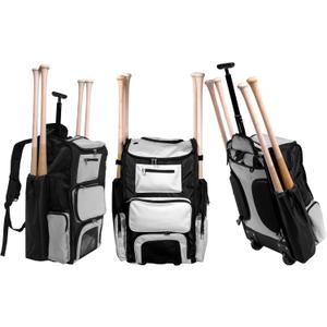 Catchers Gear Bag with Wheels - Elite Rolling Baseball Bag & Softball Bag, Spacious Catchers Bag with Shoe Compartment, Bat Sleeves, Telescopic Handle & Backpack Straps for Game-Ready Players