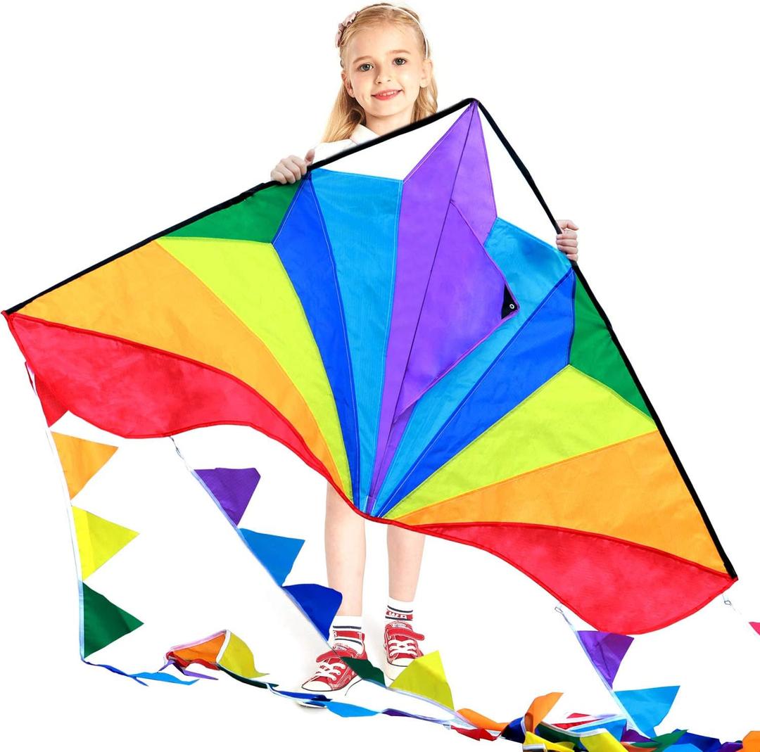 HONBO Large Delta Kite for Kids & Adults,Extremely Easy to Fly Kite for Beach Trip,String Line Included,with Colorful Tail,Perfect for Beginners, 54" X 31"