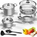 Stainless Steel Cookware Set,12-Piece Pots and Pans Set Non Toxic,Kitchen Cookware Set,Glass Lids,With 3 pot holders and 2 spoons,Oven & Dishwasher Safe