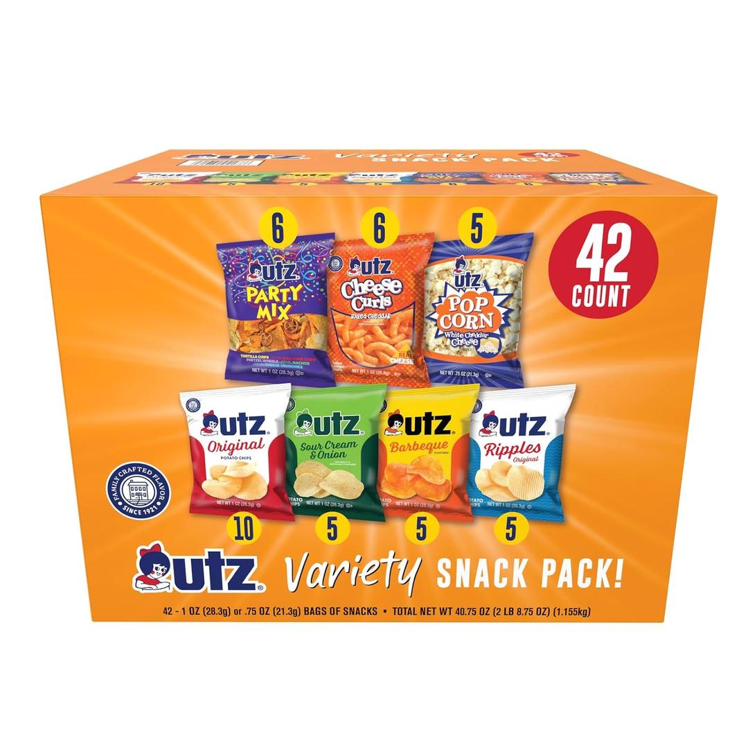Utz Snack Variety Pack Individual Snacks, Includes Potato Chips, Cheese Curls, Popcorn, and Party Mix, Crunchy Travel Snacks for Lunches, Vending Machines, and Enjoying on the Go (Pack of 42) EX 07/21/2025