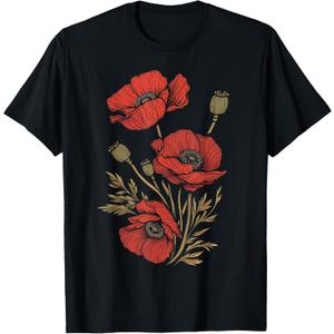 Poppy Botanical Vintage Poppies Floral T-Shirt (Black)