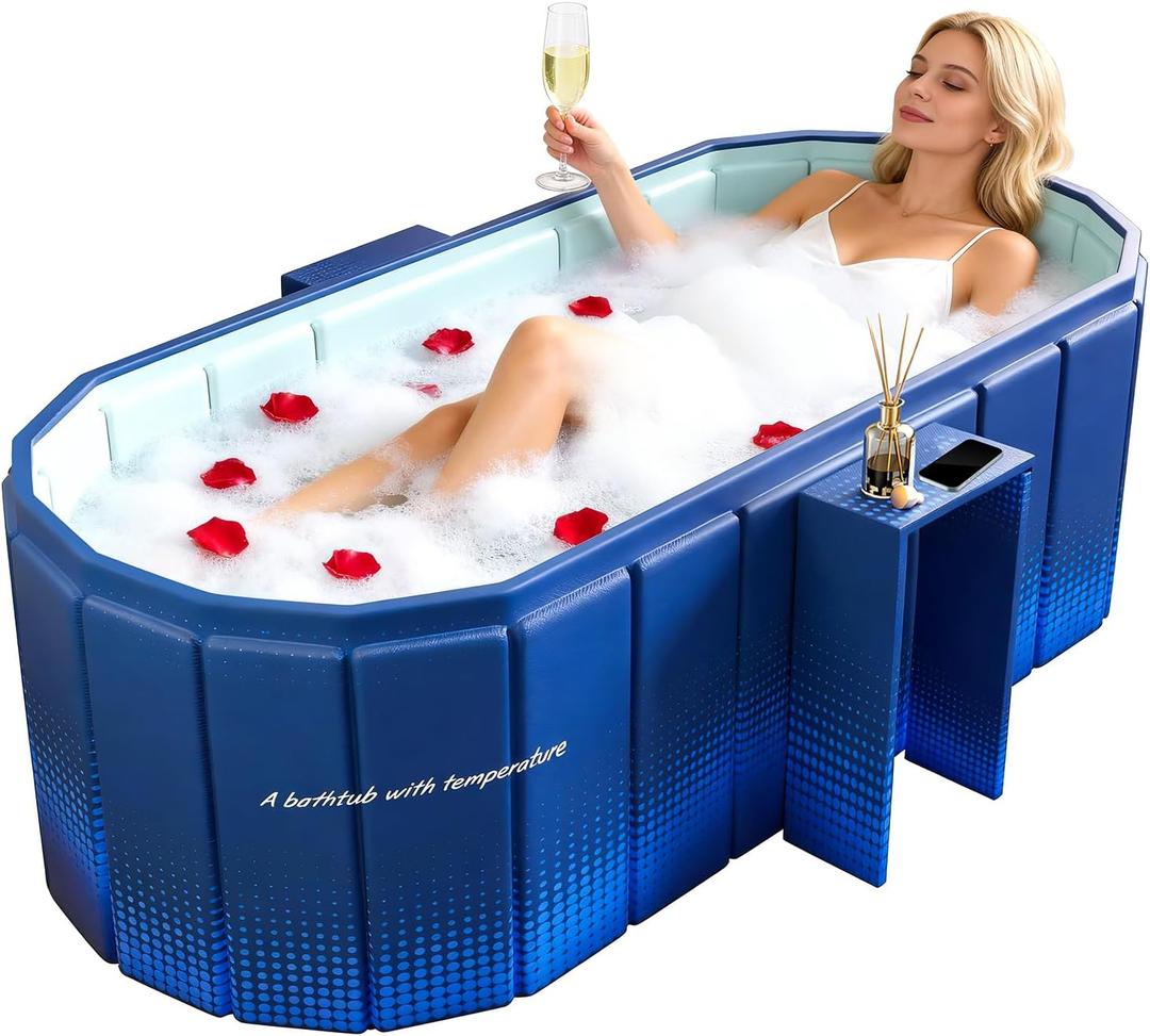 Portable Foldable Bathtub, Freestanding Bathtub No Installation, Bathroom SPA Soaking Bath Tub, Shower Stall Collapsible Hot & Ice Bath Tub (Blue with Storage Rack, 47.2"L x 21.6"W x 19.6"H)