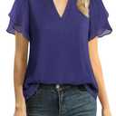 Lotusmile Womens Dressy Chiffon Blouses Summer Puff Petal Short Sleeve Shirts V Neck Casual Work Tops (X-Large, Blue)