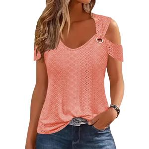 Disamer Womens Tops Summer Off The Shoulder 2026 Spring Fashion Short Sleeve T Shirt Basic Tees Sexy Dressy Casual Blouse (Small, Lace Orange)