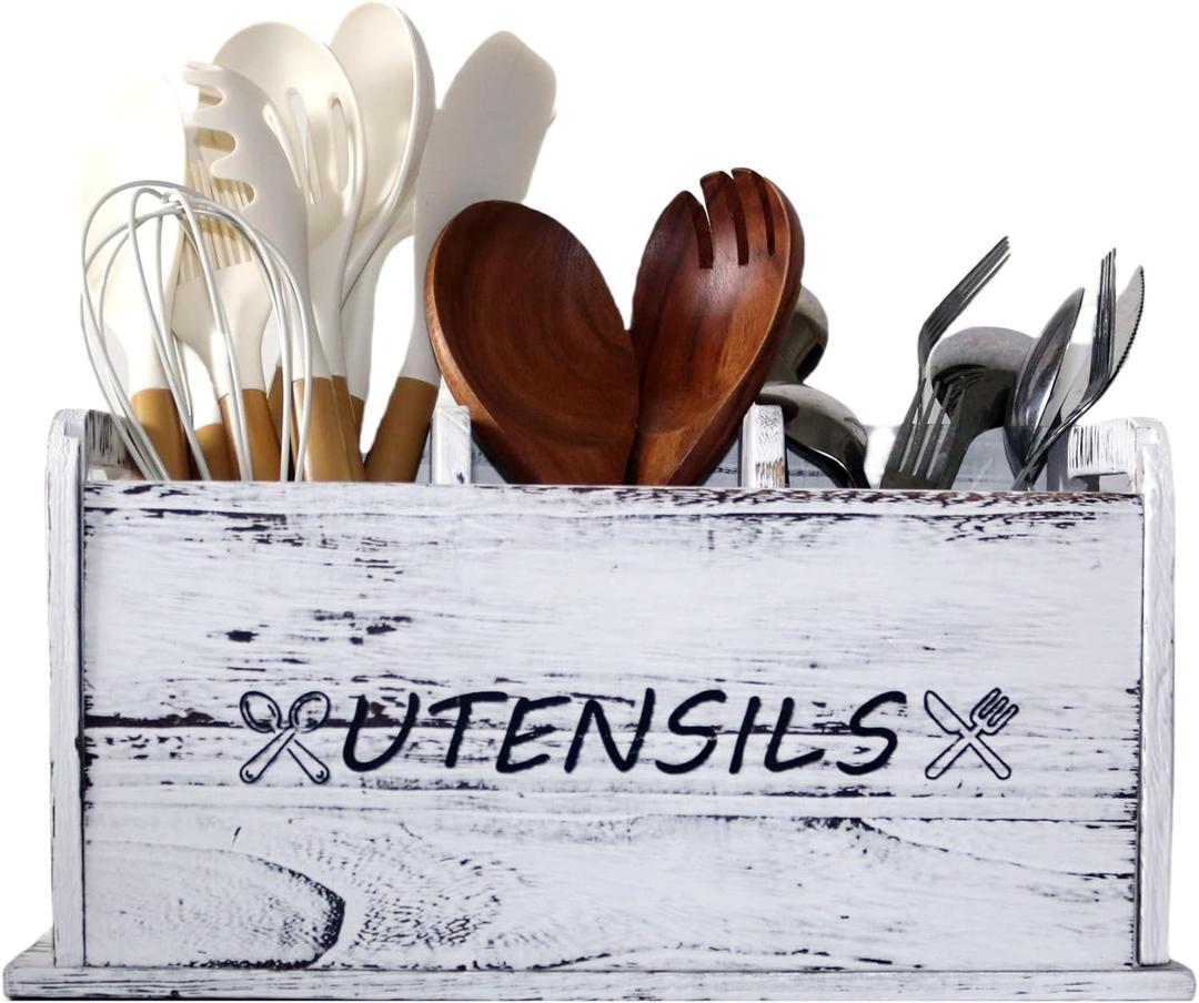 Utensil Holder Rustic Wood White Large Farmhouse Spatula Organizer for Kitchen counter Farmhouse,Countertop,Cooking Tools Storage (White)