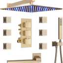 Brushed Gold Thermostatic Shower System with Tub Spout | 4-Way Diverter Faucet with 12 inch Wall Mounted Shower Head and Handheld, 6 PCS Body Jets