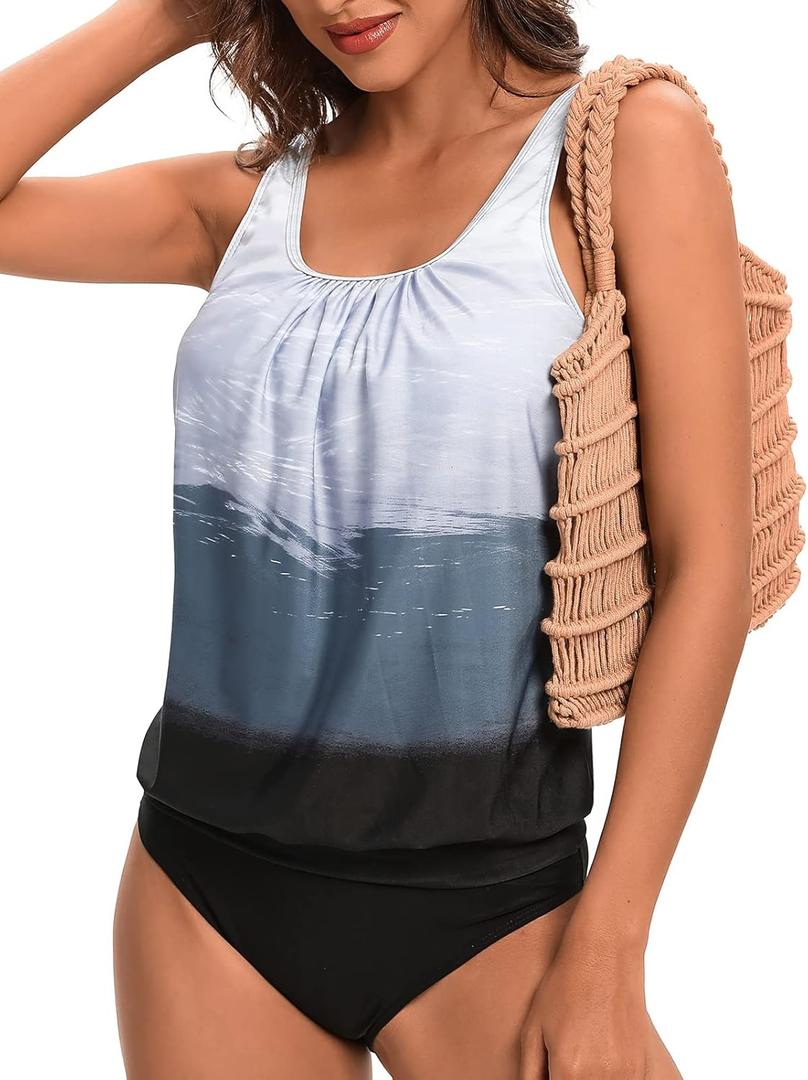 BIKINX Tankini Swimsuits for Women Plus Size Swimwear Tummy Control Two Piece Bathing Suits (10-12, Gray and Black)